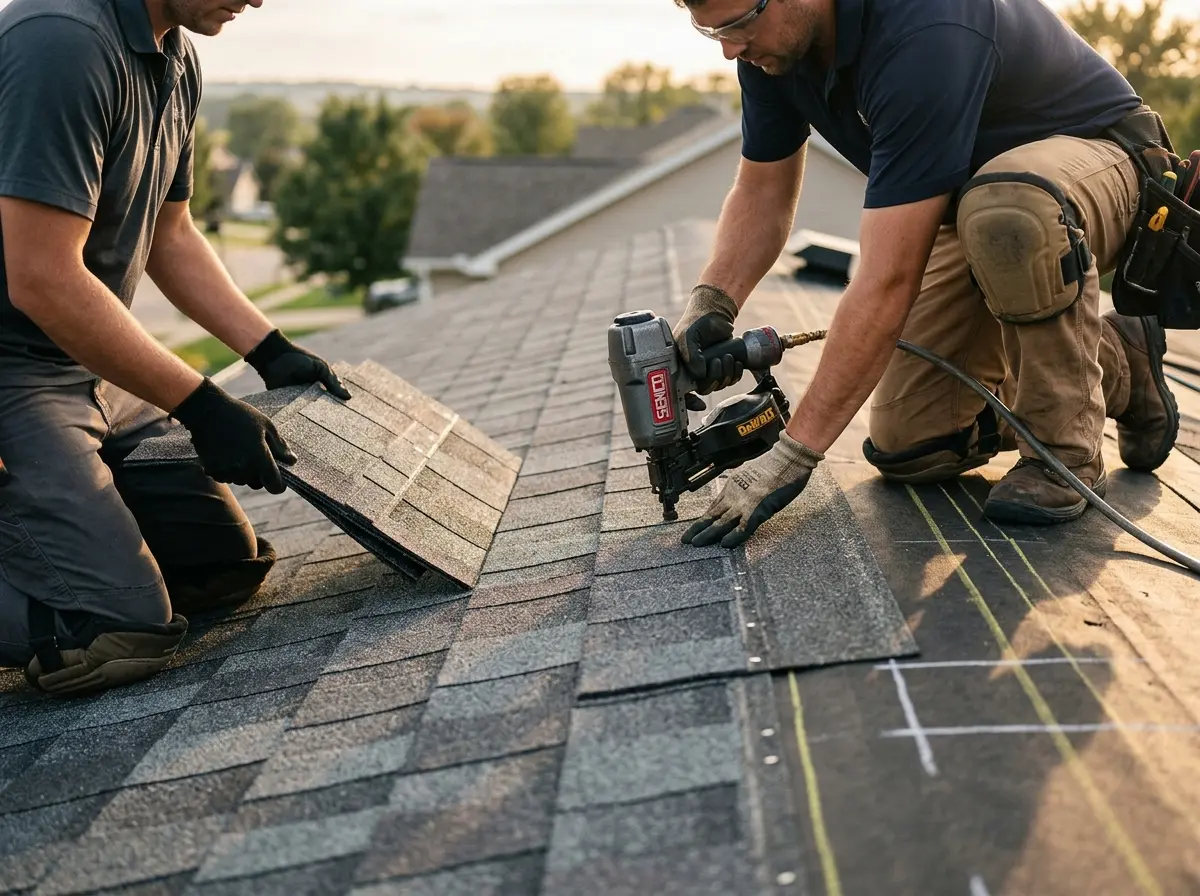Professional roofer working on a residential roof in Sweet Home